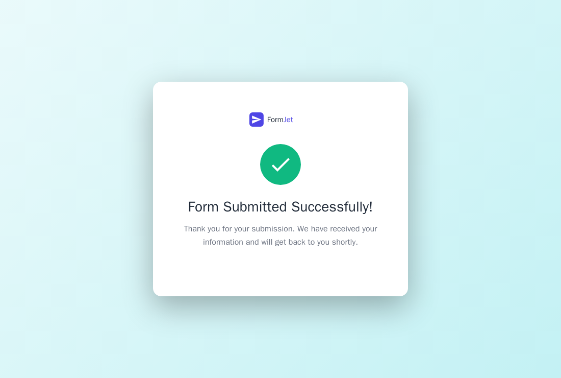 FormJet branded form submission success page
