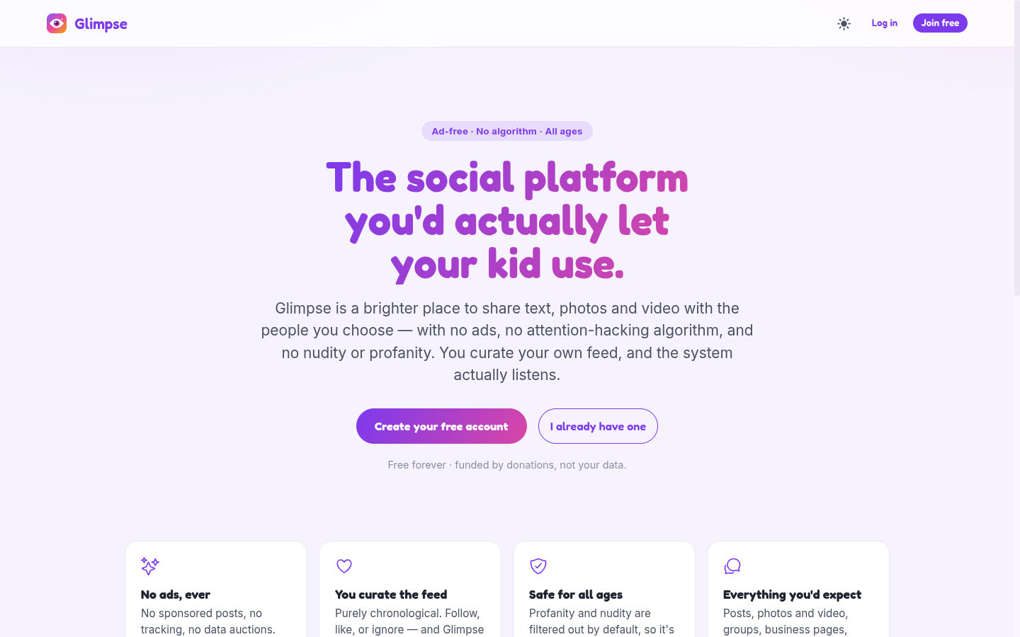 Glimpse home page — the social platform you'd actually let your kid use