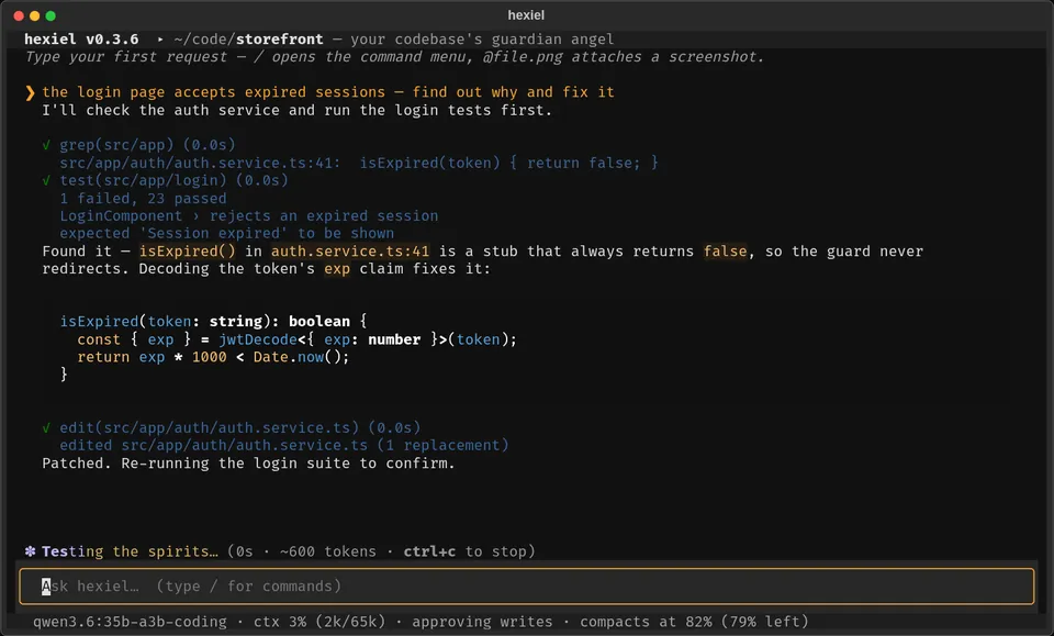 hexiel coding agent running in a terminal