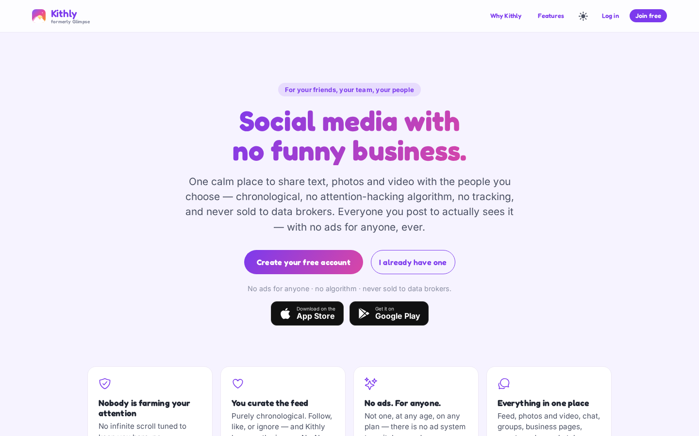 Kithly home page — social media with no funny business