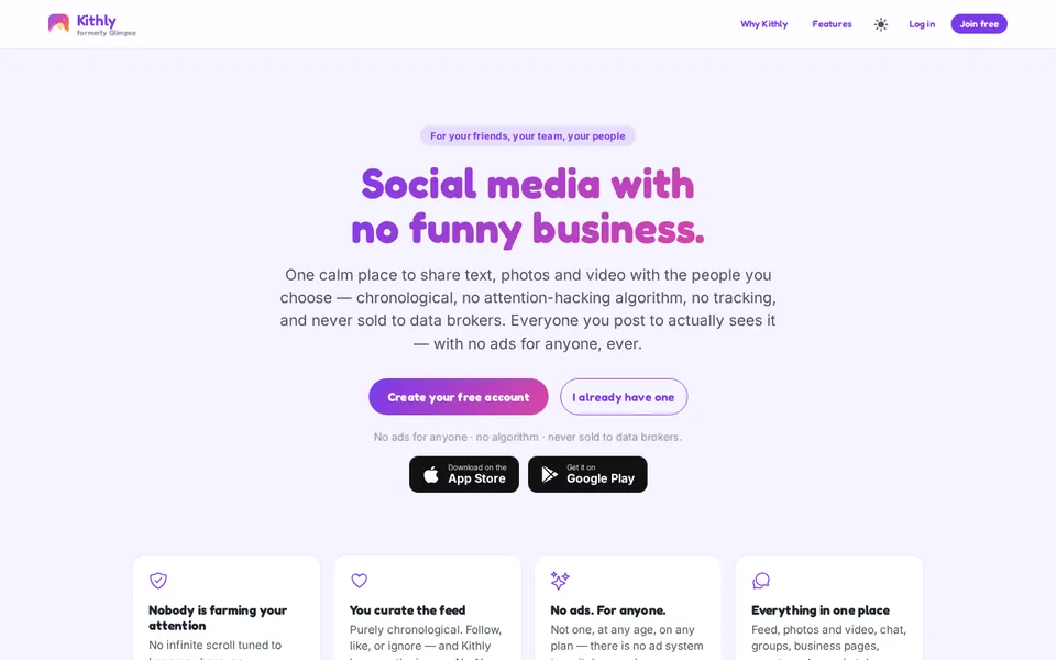 Kithly home page — social media with no funny business