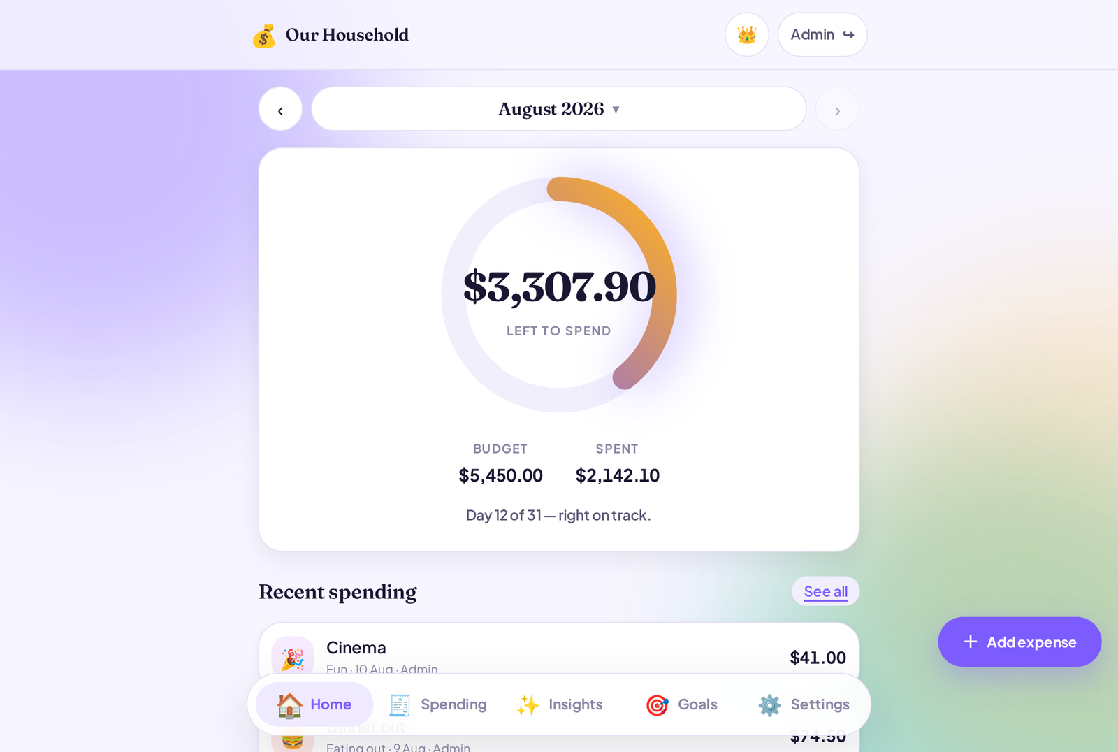 Ledgerly dashboard showing the month's remaining balance in a progress ring, with budget, spent and recent spending