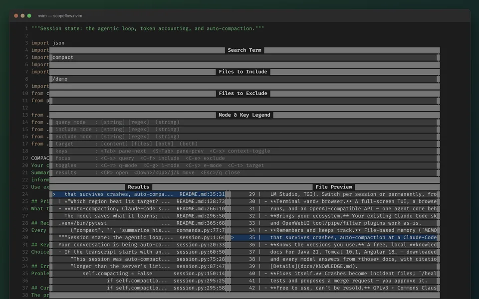 scopeflow.nvim picker in Neovim: a search box, include and exclude filters, a results list and a file preview