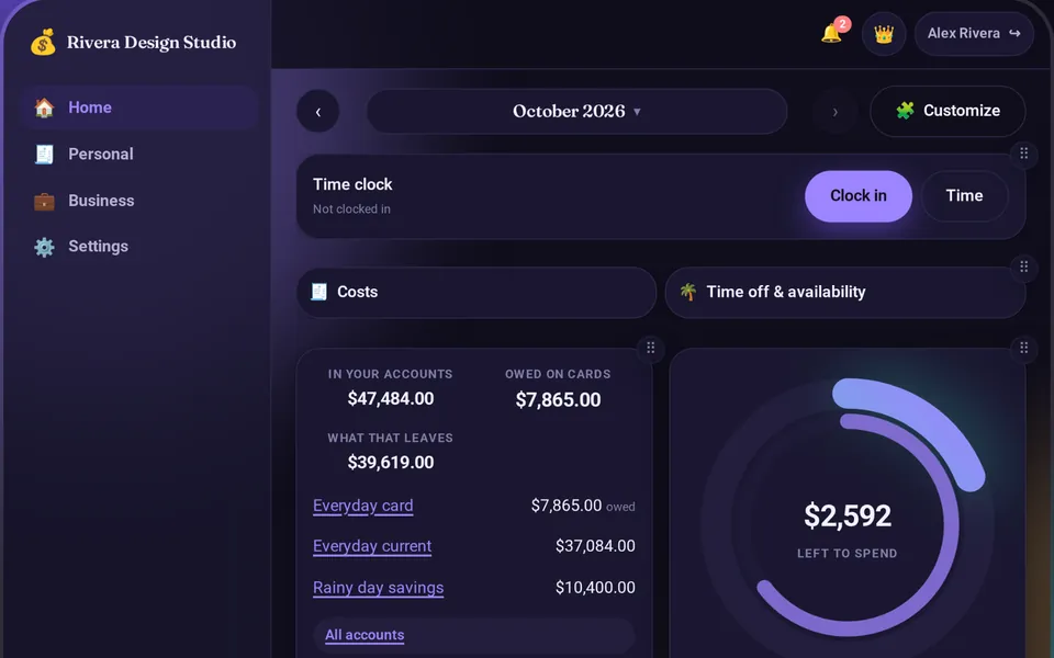 Spendera dashboard showing the household budget, accounts, recent spending and a time clock