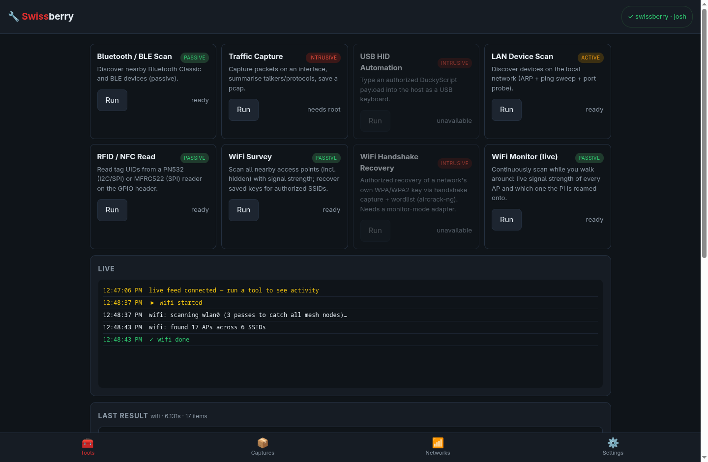 Swissberry web dashboard showing the network tool catalog and a live event feed