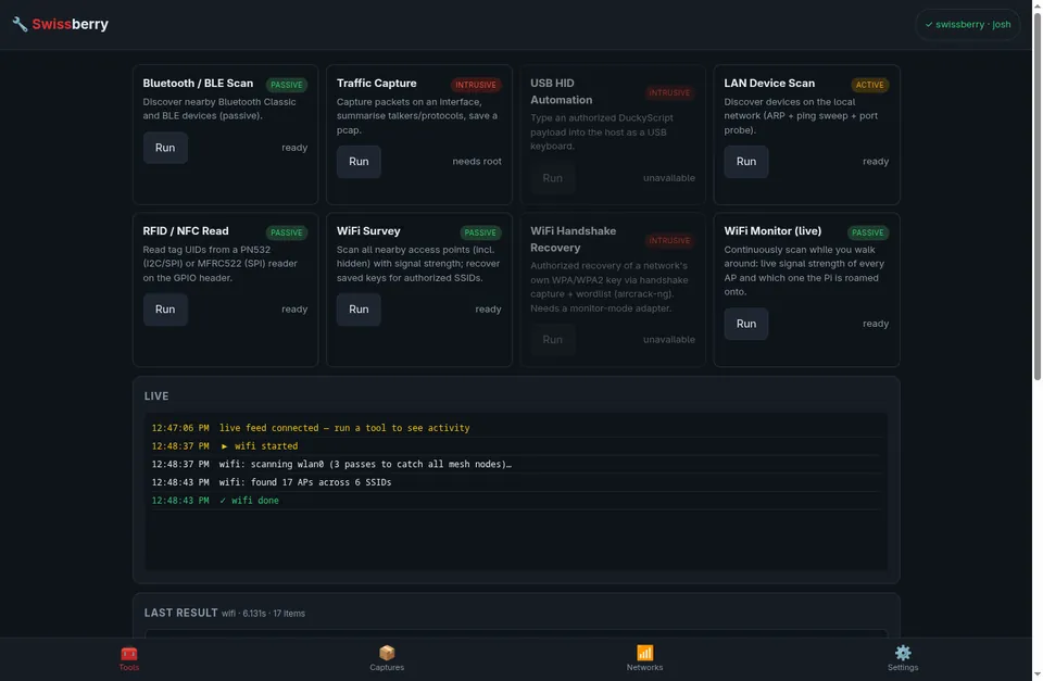 Swissberry web dashboard showing the network tool catalog and a live event feed