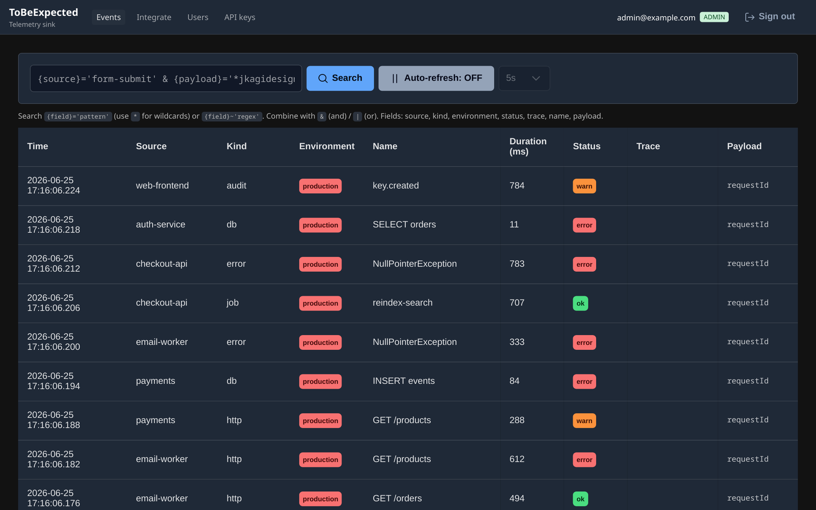 ToBeExpected telemetry dashboard showing a live event stream