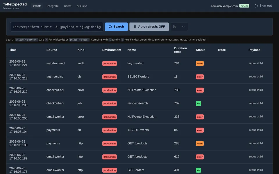 ToBeExpected telemetry dashboard showing a live event stream